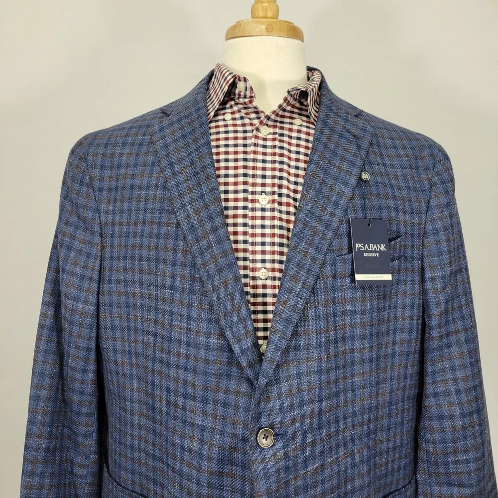 JOS A BANK Mens‎ Sport Coat Cotton Wool Silk Linen Navy Brown Checked 48R NEW